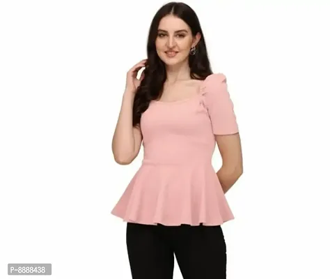 Elite Pink Lycra Solid Peplum Puffed Sleeves Top For Women-thumb3