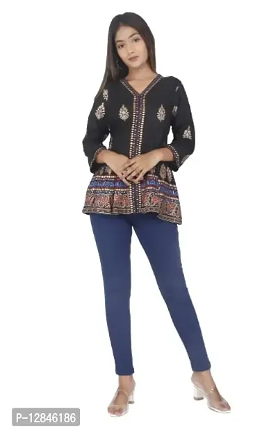 pembe Western Stylish Fashions Jaipuri Cotton Printed Top/Tunic for Women (Large, Black)-thumb0