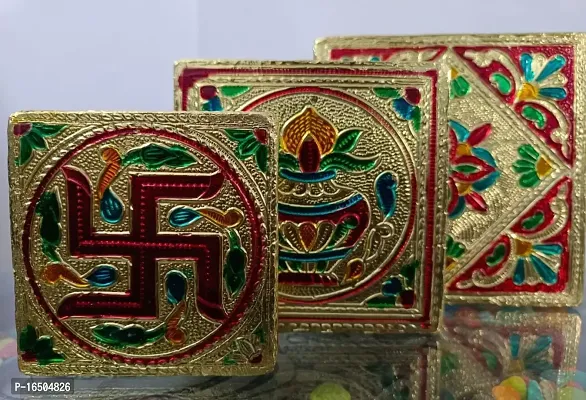 Multi Golden Colour Handicraft Chowki 3 pis Set (Flower,Kalash,Sathiya)-thumb0