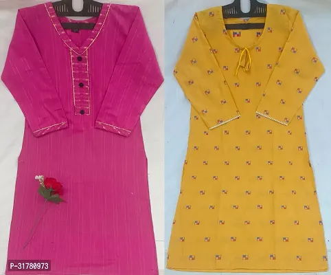 Elegant Multicoloured Cotton Blend Self Pattern A-Line Kurta For Women-Combo Of 2-thumb0