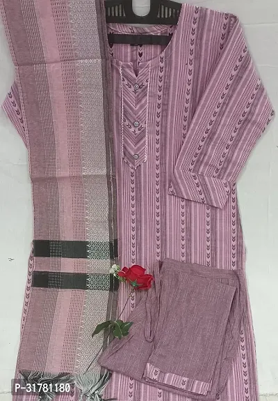 Stylish Pink Cotton Blend Kurta With Bottom And Dupatta Set For Women