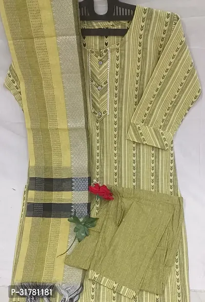 Stylish Yellow Cotton Blend Kurta With Bottom And Dupatta Set For Women