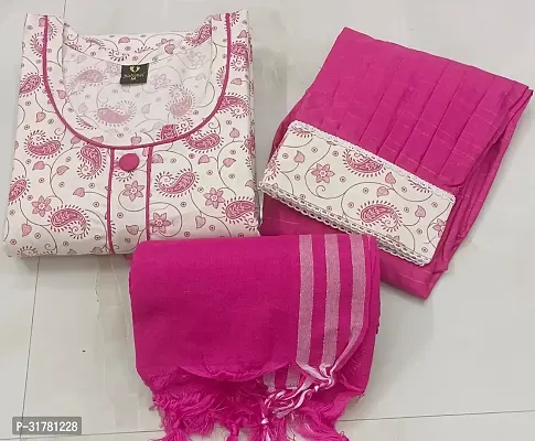 Stylish Pink Cotton Blend Kurta With Bottom And Dupatta Set For Women-thumb0