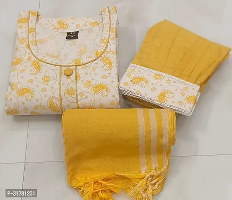 Stylish Yellow Cotton Blend Kurta With Bottom And Dupatta Set For Women