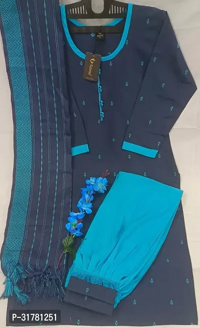 Stylish Blue Cotton Blend Kurta With Bottom And Dupatta Set For Women