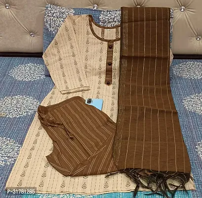 Stylish Brown Cotton Blend Kurta With Bottom And Dupatta Set For Women