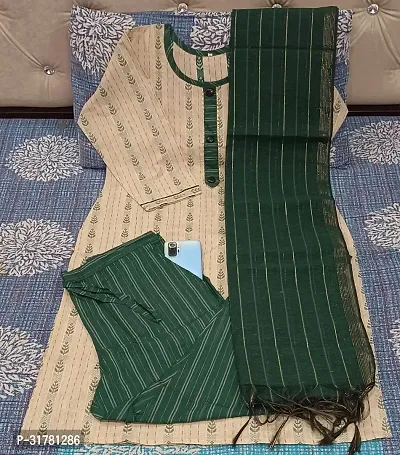 Stylish Green Cotton Blend Kurta With Bottom And Dupatta Set For Women-thumb0