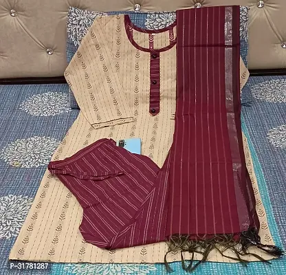 Stylish Maroon Cotton Blend Kurta With Bottom And Dupatta Set For Women