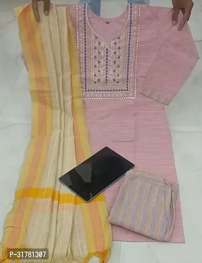 Stylish Pink Cotton Blend Kurta With Bottom And Dupatta Set For Women