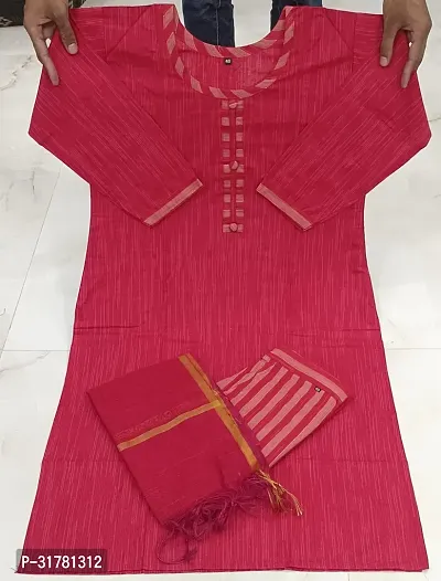 Stylish Red Cotton Blend Kurta With Bottom And Dupatta Set For Women