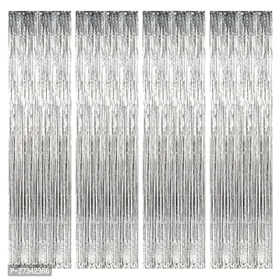 Multipurpose Silver Fringe Foil Curtain For Celebration, Pack Of 4