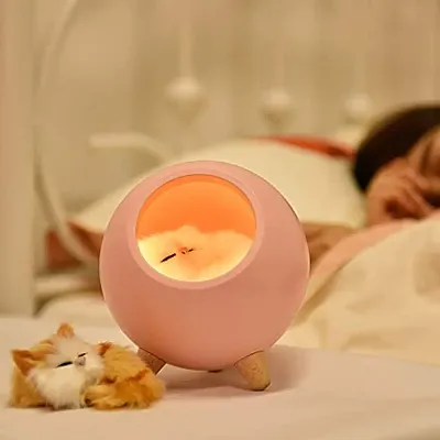 Cute Cat Night Light Bedroom Light USB Charging Sleeping Night Light Little Pet House LED Night Lamp for Christmas Birthday for Kids (Pink)