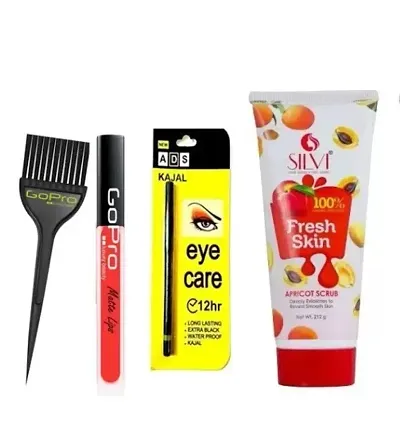 Silvi apricot scrub and ads kajal liquid lipstic and hair dye brush