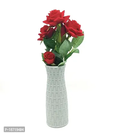 Sau Rang Artificial Rose Flower Bunch of 4 Roses and 1 Bud (Natural Looking) with (Light Grey Vase)