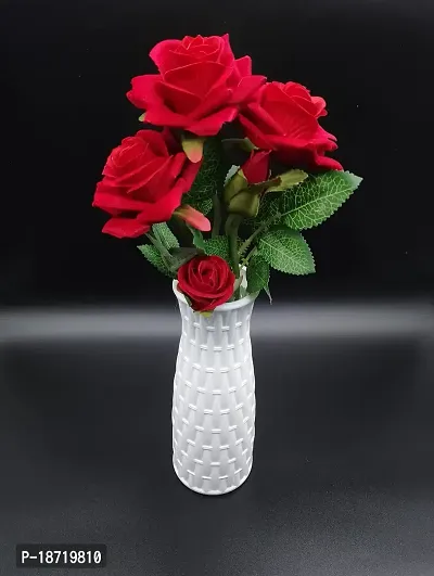 Sau Rang Artificial Rose Flower Bunch of 4 Roses and 1 Bud (Natural Looking) with (White Vase)