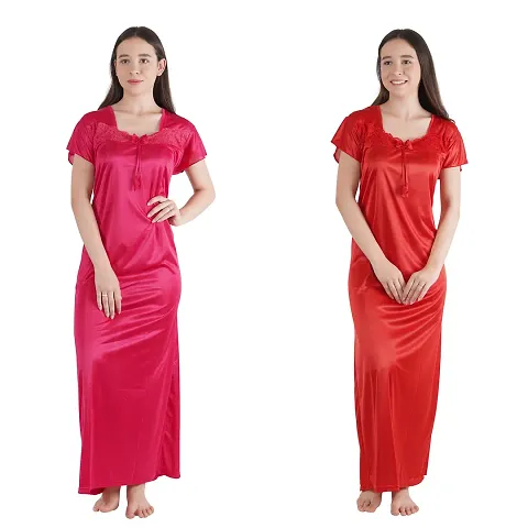Trendy Satin Half Sleeves Women's Nightdress Nighty Pack of 2