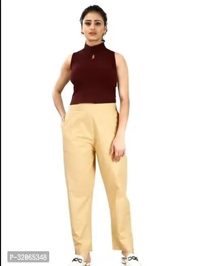 Elegant Beige Cotton Solid Trousers For Women-thumb2