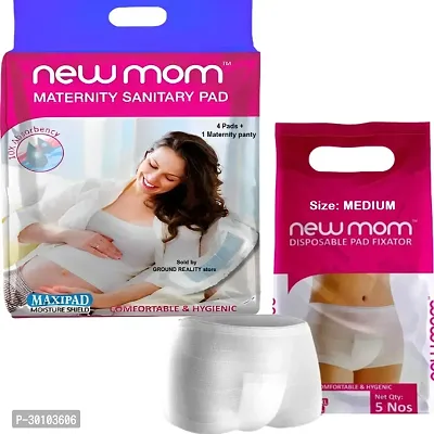 (4+6 Pregnancy Kit) 4 New Mom Maternity Pads Heavy Flow (850ml) + 6 Medium Size New Mom Pad Fixator Panty Washable and Reusable for Hip Size 78-88cm. Full Day or Overnight Protection-thumb0