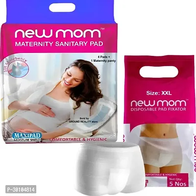 (4+6 Pregnancy Kit) 4 New Mom Maternity Pads Heavy Flow (850ml) + 6 XXL Size New Mom Pad Fixator Panty Washable and Reusable for Hip Size 113-124cm. Full Day or Overnight Protection-thumb0