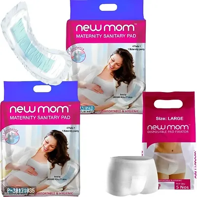 (8+7 Pregnancy Kit) 8 Heavy Flow New Mom Maternity Pads (850ml) + 7 Large Size New Mom Pad Fixator Panty Reusable and Washable for Hip Size 89-100cm. Full Day or Overnight Protection