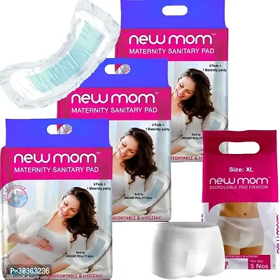 (12+8 Pregnancy Kit) Full Day or Overnight Protection 12 Heavy Flow New Mom Maternity Pads (850ml) + 8 XL Size New Mom Pad Fixator Panty Reusable and Washable for Hip Size 101-112cms