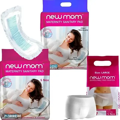 (Pregnancy Kit of 15) 9 Maxi New Mom Maternity Pads 850ml + 6 Large Size Pad Fixator Panty reusable and washable for Hip Size 89-100cms. Premium New Mom Maternity Pad and Pad Fixator