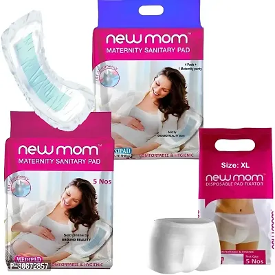 A Must Have Pregnancy Kit (Set of 15) 4 New Mom Disposable Maternity Pads 850ml + 5 Medi Newmom Maternity Pads 450ml + 6 XL Size Pad Fixator Panty for Hip Size 101-112cms (Reusable and Washable)-thumb0