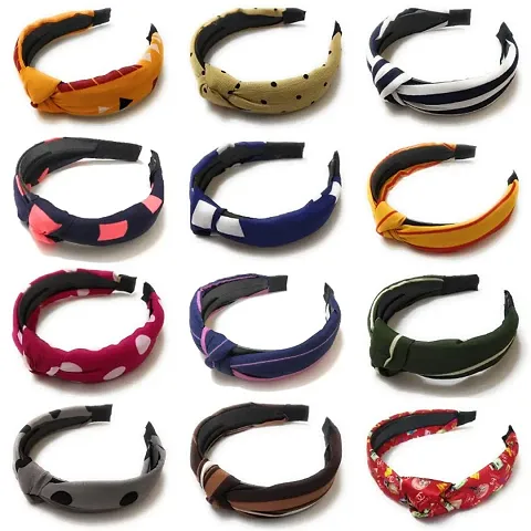 Womens Korean Style Solid Fabric Knot Plastic Hairband for Women (Multicolor) -Set of 12