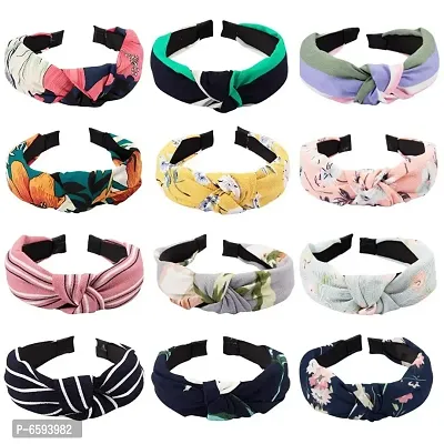 Korean Style Solid Fabric Knot with Tape Plastic Hairband Headband for Girls and Woman 12 PCS-(RANDOM) MULTI COLOUR