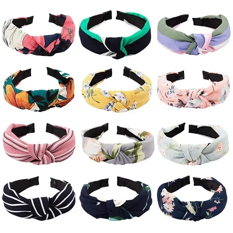 Korean Style Solid Fabric Knot with Tape Plastic Hairband Headband for Girls and Woman 12 PCS-(RANDOM) COLOUR