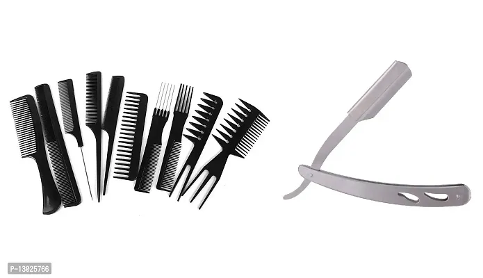 ClubComfort? Steel Shaving Razor Straight Edge Folding Beard Shaving Blade Barber Hair Salon Razor and 10 Pcs Professional Combs
