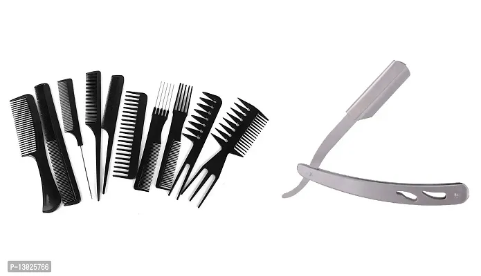 ClubComfort? Steel Shaving Razor Straight Edge Folding Beard Shaving Blade Barber Hair Salon Razor and 10 Pcs Professional Combs-thumb0