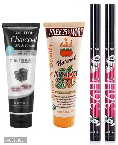 Trendy Charcoal Face Mask 130 Gm, Scrub 100 Gm and 36 Hrs Black Eyeliner Pack Of 2 (Set Of 4)