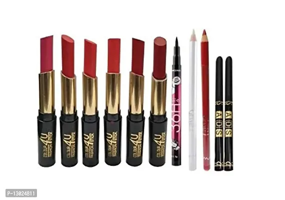 ClubComfort Combo of Matte Lipstick 6, 36 Hrs Eyeliner, Red+White Lip/Eye Liner, 2 Ads black kajal. pack of 11