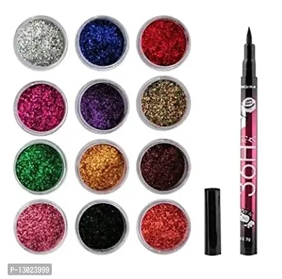 ClubComfort 12 Multicolor Shimmery Finish Glitter Powder with 36 Hrs Black Pen Eyeliner Shimmery Finish