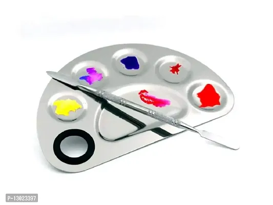 Stainless Steel Cosmetic 5 Dip Makeup Mixing Plate with Spatula Tool for Women (Silver)-thumb2