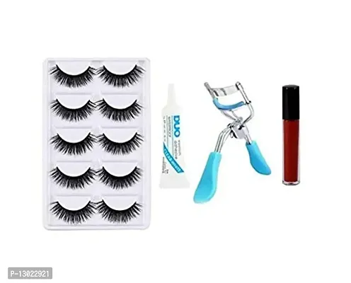 ClubComfort? False Eyelash 5 Pair, 1 Eyelash Glue, 1 Eyelash Curler With Free Liquid Small Lipstick (Any Color)