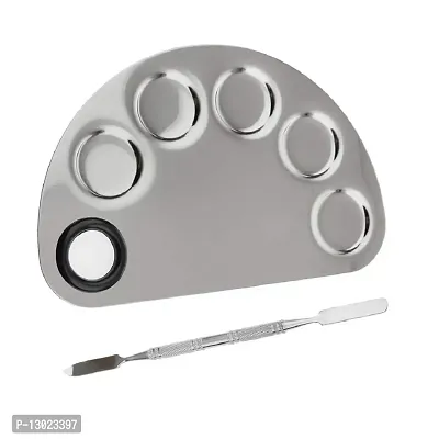 Stainless Steel Cosmetic 5 Dip Makeup Mixing Plate with Spatula Tool for Women (Silver)