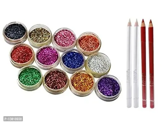 ClubComfort? Glitter eye shadow powder Multicolor pack of 12 with eyeliner/lipliner 2 red + 2 white