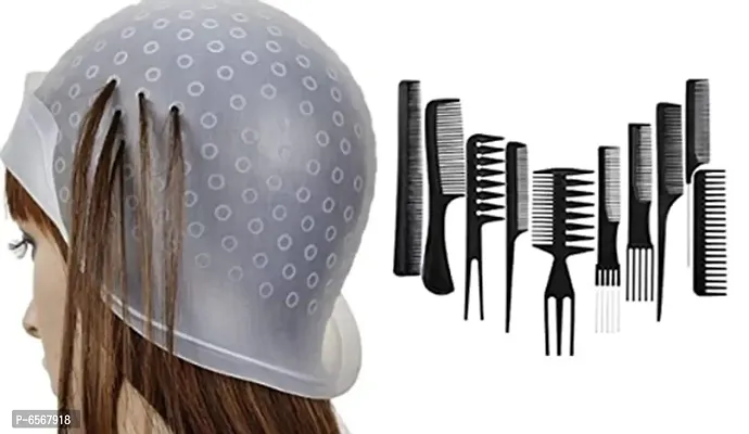 Highlight Cap Silicone Hair Dye Cap Reusable Multicolor Hair Dyeing Hair Colour Cap with Hooks Home Salon for Women Men Girls Dyeing Hair with 10 Pcs Professional Comb