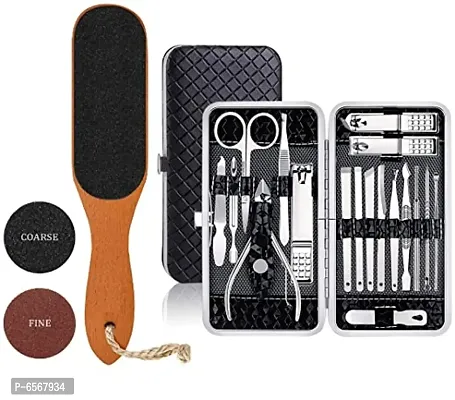 Lenon Wooden Pedicure Feet Scrubber with Handle for Callus, Dry, and Dead Skin Removal with 16 tools Manicure Set, Pedicure Kit, Nail Clippers, Professional Grooming Kit with Black Case
