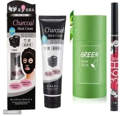 Lenon Beauty Green Mask Stick 30 Gram, Charcoal Face Mask And 36 Hrs Black Pen eyeliner-thumb0