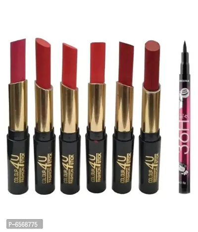 Lenon Beauty Matte Red Multicolor Lipstick Set of 6 With 36 Hrs Eyeliner 1 Pack of 7