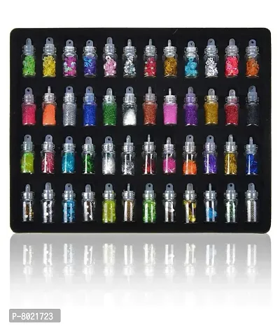 Stylish Fancy 48 In 1 Set Of 3D Nail Art Glitter Bottle Acrylic Rhinestone Decoration Kit 3D Nail Art Charms Glitter Sequins Rhinestones Beads Assorted Colours