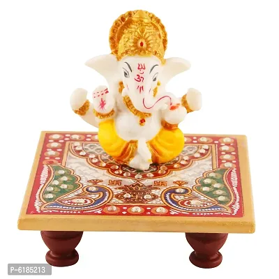 Lord Ganesha Marble Idol Beautiful Chowki , Hindu Figurine Show Peace Murti Idol Statue For Office Or Home-thumb0