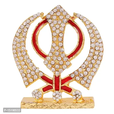 Khanda Kirpaan, Sikh Religious Emblem Of Khalsa Sardar Sikhism With Golden Electroplating To Worship And Gain Prosperity Statuary Decoration For Home, Office, Vastu Or Car Dashboard-thumb0