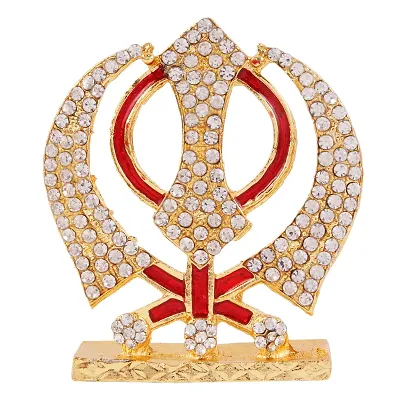 Khanda Kirpaan, Sikh Religious Emblem Of Khalsa Sardar Sikhism With Golden Electroplating To Worship And Gain Prosperity Statuary Decoration For Home, Office, Vastu Or Car Dashboard