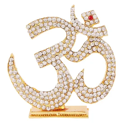 Gold Plated With Stone Om Sign Car Dashboard Idol Statue Shiva Om Symbol Spritual Puja Vastu Figurine - Religious Pooja Gift Item And Murti For Mandir / Temple / Home Decor / Office Decorative Showpiece Decorative Showpiece