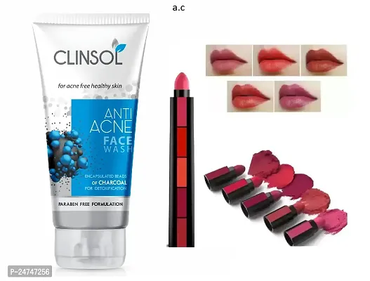 NEW CLINSOL ACTIVATED CHARECOAL FACEWASH FOR SKIN CLEANSING PACK OF - 1 with five in one lipstic