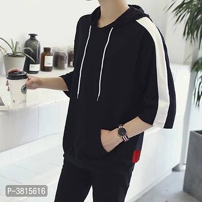 Men's Black Cotton Self Pattern Hooded Tees-thumb3